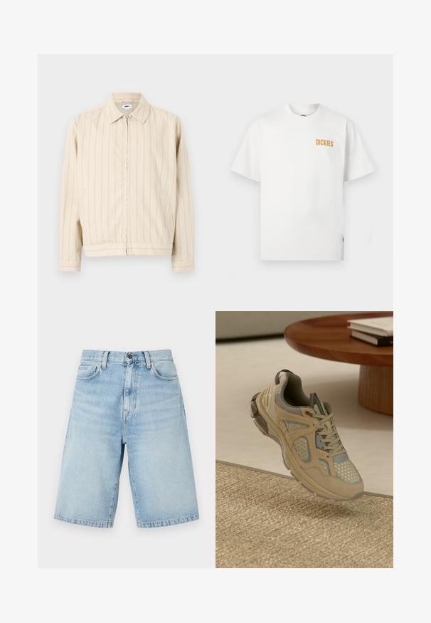 Veste beige à fermeture éclair avec des rayures verticales bleu clair. Comprend un col, deux poches latérales et un ourlet droit. Fabriquée en tissu de coton.; T-shirt blanc à manches courtes avec col rond, petit logo orange "DICKIES" sur la partie supérieure gauche de la poitrine.; Shorts en denim bleu clair jusqu'aux genoux avec poches avant, passants pour ceinture et fermeture par bouton.; Baskets de sport beige et grises avec des détails en mesh et en daim, flottant au-dessus d'un tapis tissé à côté d'une table basse en bois avec des livres.