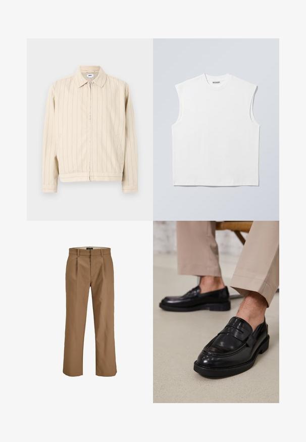 Veste beige à fermeture éclair avec des rayures verticales bleu clair. Comprend un col, deux poches latérales et un ourlet droit. Fabriquée en tissu de coton.; Haut blanc sans manches en coton à col rond avec épaules structurées, marqué "WEEKDAY" sur l'étiquette du col, présenté sur un fond gris clair.; Pantalon marron en tissu lisse, avec une coupe droite, des plis à l'avant et des passants de ceinture. Pas de motifs ni d'accents visibles.; Mocassins en cuir noir avec une finition lisse, ornés d'une sangle décorative et de coutures contrastées, associés à un pantalon beige.