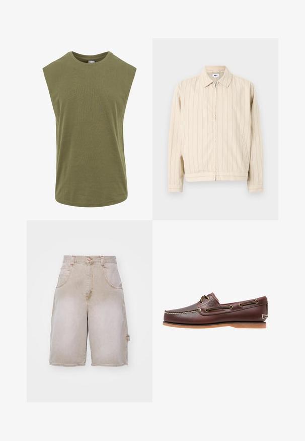 Veste beige à fermeture éclair avec des rayures verticales bleu clair. Comprend un col, deux poches latérales et un ourlet droit. Fabriquée en tissu de coton.; T-shirt sans manches de couleur olive, fabriqué en coton doux, avec un col rond et une coupe décontractée et ample, dotée d'une texture lisse et uniforme.; Shorts en denim beige avec une coupe décontractée, dotés de deux poches avant et d'une poche latérale, taille structurée et détails de décoloration légère.; Chaussure bateau en cuir marron avec coutures blanches, détails de lacets et semelle en caoutchouc beige, vue de côté sur fond blanc.