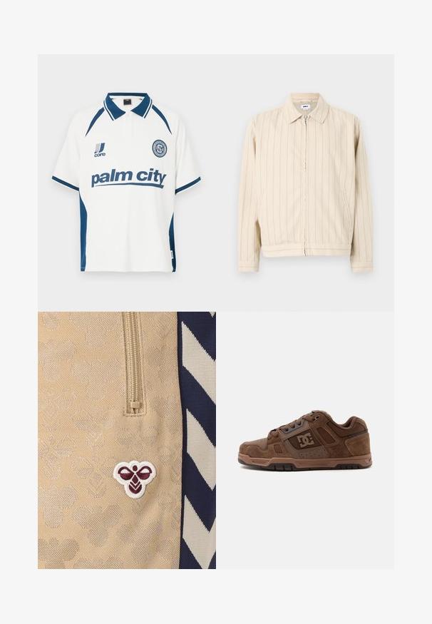 Beige μπουφάν με φερμουάρ και κατακόρυφες ανοιχτό μπλε ρίγες. Διαθέτει γιακά, δύο πλαϊνές τσέπες και ευθεία τελείωματα. Φτιαγμένο από βαμβακερό ύφασμα.; Άσπρο πόλο μπλουζάκι με μπλε λεπτομέρειες, με ριμπ κολάρο και κοντά μανίκια. Στο μπροστινό μέρος εμφανίζεται το κείμενο «palm city» με έντονα μπλε γράμματα.; Μπεζ ύφασμα με κεντημένο λογότυπο μέλισσας σε μπορντό και άσπρο, με φερμουάρ στο πάνω μέρος και σχέδιο chevron σε ναυτικό μπλε και άσπρο στο πλάι.; Καφέ χαμηλό παπούτσι DC για σκέιτ με πάνελ από σουέντ και δίχτυ, κλείσιμο με κορδόνια και λαστιχένια σόλα σε ανοιχτό γκρι φόντο.