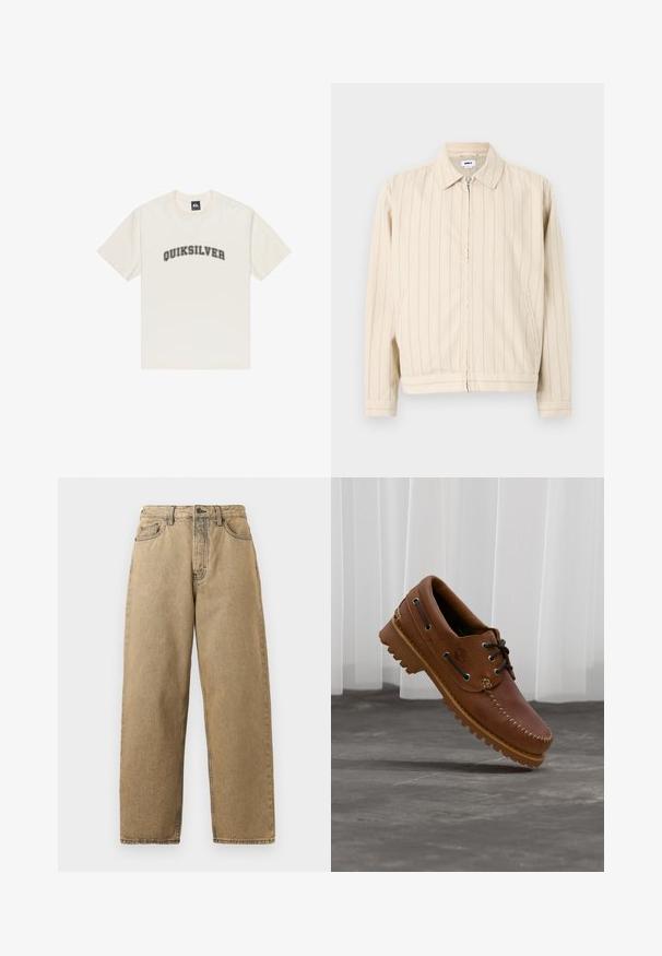 Beige Zip-Jacke mit vertikalen hellblauen Streifen. Verfügt über einen Kragen, zwei seitliche Taschen und einen geraden Saum. Hergestellt aus Baumwollstoff.; Cremfarbendes Baumwoll-T-Shirt mit kurzen Ärmeln und rundem Halsausschnitt. Mit dem „QUIKSILVER“-Logo in Schwarz, das über die Brust gedruckt ist.; Beige Denim-Jeans mit geradem Bein, ausgestattet mit einem Reißverschluss, Gürtelschlaufen und kontrastierenden Nähten. Keine auffälligen Muster oder Hardware-Details.; Brauner Leder-Bootsschuh mit schwarzen Schnürsenkeln, beigen Nähten und einer robusten Sohle, schwebt über einem grauen Betonboden.