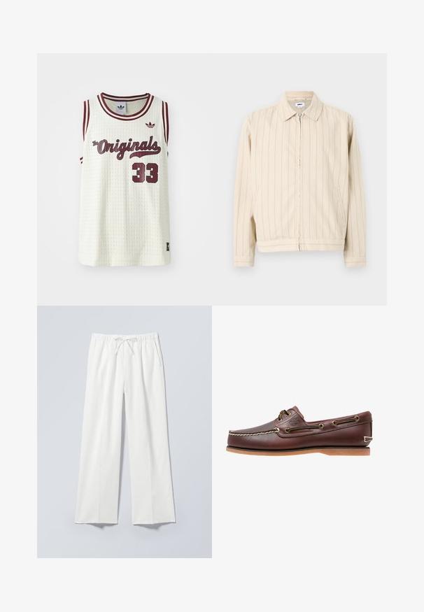 Veste beige à fermeture éclair avec des rayures verticales bleu clair. Comprend un col, deux poches latérales et un ourlet droit. Fabriquée en tissu de coton.; Maillot sans manches en mesh blanc avec des accents maroon, texte "The Originals", numéro 33 et petit logo sur la poitrine gauche.; Pantalon blanc à jambe large avec taille élastique et cordon de serrage, doté de poches latérales et d'un tissu lisse légèrement texturé.; Chaussure bateau en cuir marron avec coutures blanches, détails de lacets et semelle en caoutchouc beige, vue de côté sur fond blanc.