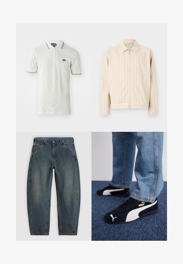 Veste beige à fermeture éclair avec des rayures verticales bleu clair. Comprend un col, deux poches latérales et un ourlet droit. Fabriquée en tissu de coton.; T-shirt polo blanc avec une patte de boutonnage à deux boutons, ornée de rayures bleues et violettes sur le col et les manches, et un petit logo brodé.; Jean denim gris foncé taille haute avec poches avant en biais, fermeture par boutons, passants de ceinture et jambes légèrement fuselées.; Baskets en daim noir avec accents blancs, arborant un logo doré. Portées avec un jean en denim bleu clair et posées sur une surface bleue texturée.