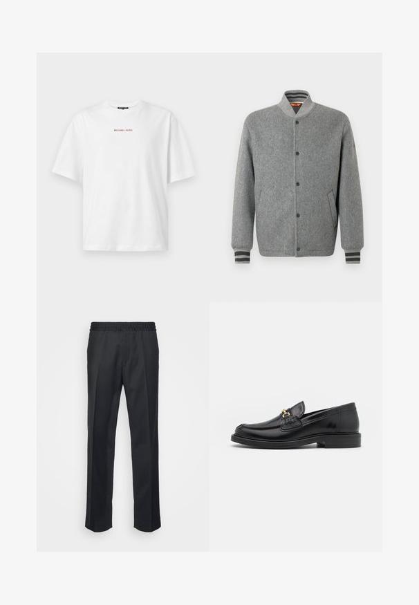 Veste bomber en laine grise avec col montant, boutons-pression noirs et poignets côtelés rayés. Dotée de poches latérales et d'une texture lisse.; T-shirt blanc à manches courtes avec col rond, avec un petit texte rouge "MICHAEL KORS" centré sur la poitrine.; Pantalons noirs à coupe décontractée, dotés d'une taille élastique, de jambes droites et d'une texture en tissu douce et lisse.; Mocassins en cuir noir avec un embout rond, présentant des accents en métal doré et des détails de couture, montés sur une semelle en caoutchouc texturé et basse.