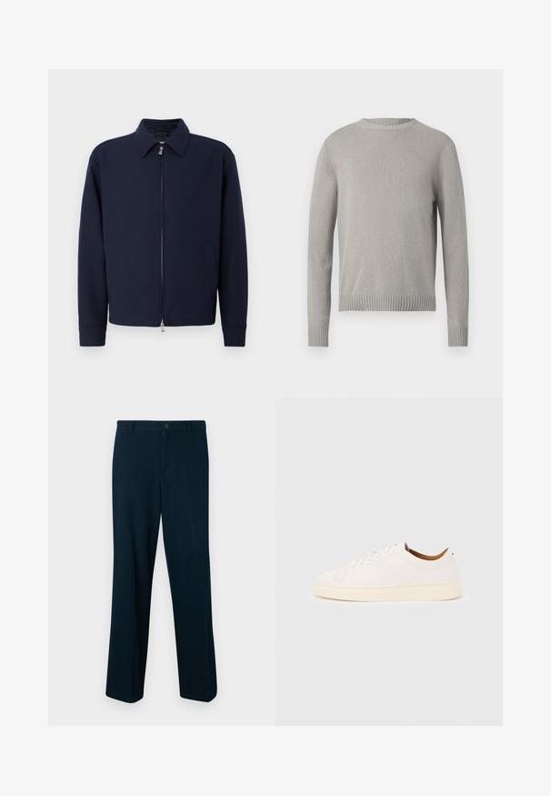 Veste zippée bleu marine avec col, manches longues, deux poches latérales et fermeture éclair argentée sur fond blanc uni.; Pull en tricot gris clair avec un col rond, des poignets et un ourlet côtelés. Présente un tissu texturé dans une couleur unie sans motifs.; Pantalons bleu marine en tissu lisse, dotés d'une fermeture à bouton, d'une coupe droite et d'un design minimaliste.; Baskets blanches basses avec un design à lacets, des détails de couture minimalistes, et une semelle couleur crème sur un fond gris clair.