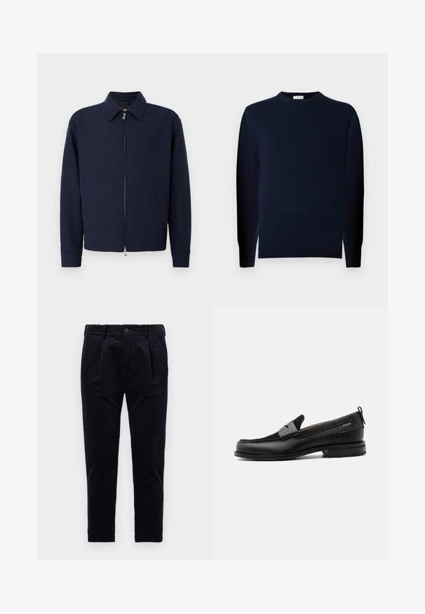 Marineblauwe ritsjack met kraag, lange mouwen, twee zijzakken en zilveren ritsluiting op een effen witte achtergrond.; Jonge man met krullend haar, gekleed in een donker lange mouw trui en donkere broek, staat tegen een effen grijze achtergrond.; Donkerblauwe broek van textuurstof, met een knoopsluiting, plooien en een elastische tailleband voor comfort. Recht model.; Zwarte leren loafer met grijs riemdetailelement, lage hak en gestructureerde zool, aan de zijkant gebrandmerkt met "HUGO" in goud.