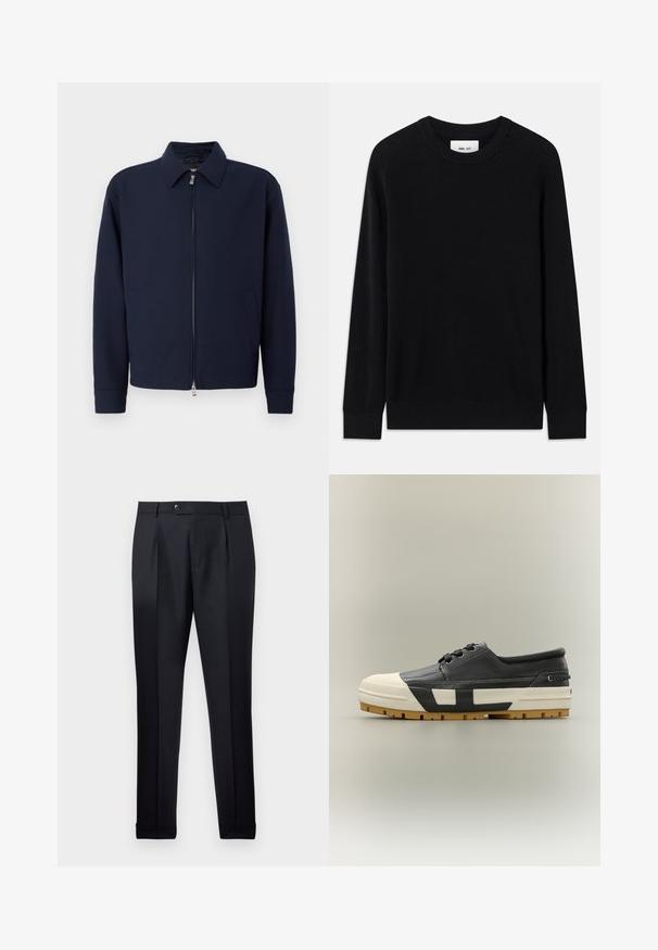 Veste zippée bleu marine avec col, manches longues, deux poches latérales et fermeture éclair argentée sur fond blanc uni.; Pull noir à côtes avec un col rond, des manches longues et une texture tricotée. Présente un ourlet droit et une étiquette de marque discrète à l'intérieur.; Pantalon noir formel pour hommes avec plis avant, passants pour ceinture, fermeture par bouton et ourlets avec revers sur fond blanc.; Baskets basses noires avec embout en caoutchouc blanc, semelle épaisse avec accents géométriques noirs et blancs, et semelle extérieure brune crantée.