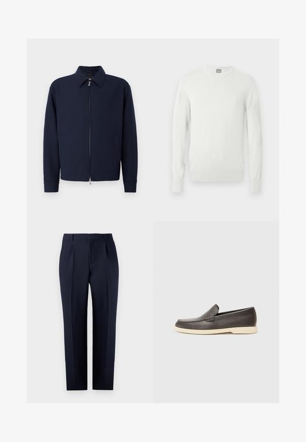 Dunkelblaue Zip-Jacke mit Kragen, langen Ärmeln, zwei Seitentaschen und silbernem Reißverschluss vor einem schlichten weißen Hintergrund.; Weißer, gerippter Strickpullover mit rundem Ausschnitt, langen Ärmeln und kleinem Logopatch auf der Brust. Weiche Textur und figurbetonte Silhouette.; Marineblaue, maßgeschneiderte Hose aus strukturiertem Stoff, mit geradem Schnitt, Vorderfalten und einem klassischen Bund mit Gürtelschlaufen.; Braune Leder-Slippers mit strukturierter Oberfläche und einer kontrastierenden, hellbeigen Sohle. Sie verfügen über eine abgerundete Zehenpartie und minimale Nähdetails.