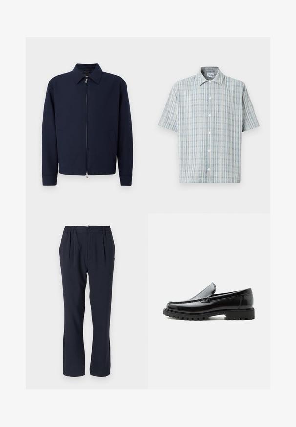 Veste zippée bleu marine avec col, manches longues, deux poches latérales et fermeture éclair argentée sur fond blanc uni.; Chemise à manches courtes à boutons avec un motif à carreaux bleu et blanc, col évasé et boutons blancs sur le devant.; Pantalons bleu marine en tissu doux avec une taille élastique, présentant des plis sur le devant et un design à jambes droites.; Mocassin en cuir noir avec semelle en caoutchouc épaisse, dessus cousu et nom de marque embossé sur le talon, présenté de profil sur fond blanc.