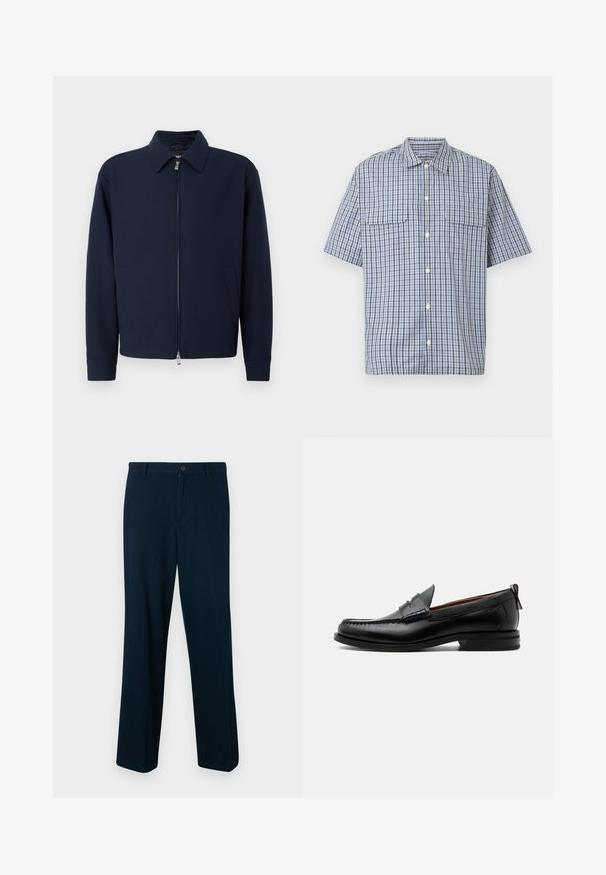Veste zippée bleu marine avec col, manches longues, deux poches latérales et fermeture éclair argentée sur fond blanc uni.; Chemise à manches courtes avec boutons, motif à carreaux bleu, blanc et noir, et deux poches à rabat sur la poitrine, sur fond blanc.; Pantalons bleu marine en tissu lisse, dotés d'une fermeture à bouton, d'une coupe droite et d'un design minimaliste.; Mocassin homme en cuir noir avec couture moc toe, bride penny, col texturé et petit talon empilé sur fond blanc.