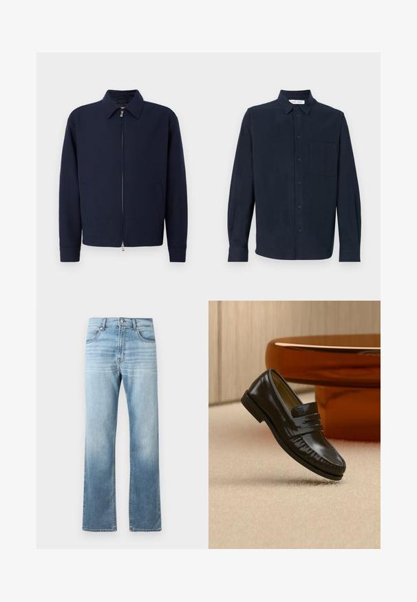 Dunkelblaue Zip-Jacke mit Kragen, langen Ärmeln, zwei Seitentaschen und silbernem Reißverschluss vor einem schlichten weißen Hintergrund.; Navy-blaues Langarmhemd aus weichem Stoff, mit durchgehender Knopfleiste, spitzem Kragen und einer einzelnen Brusttasche.; Helle blaue Jeans aus Denim mit geradem Bein, die an den Oberschenkeln Ausbleichungen aufweisen, zwei vordere Taschen und einen klassischen Knopfverschluss haben.; Glänzender schwarzer Leder-Loafer mit einem Riemendetail, auf einem beigen Teppich neben einem runden braunen Couchtisch in einem sanft beleuchteten Raum platziert.
