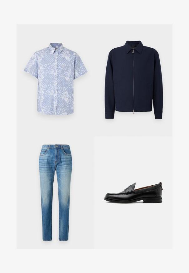 Chaqueta de cremallera azul marino con cuello, mangas largas, dos bolsillos laterales y cierre de cremallera plateado sobre un fondo blanco liso.; Camisa de botones de manga corta en tela azul clara, con un patrón floral blanco y un bolsillo en el pecho con una etiqueta de logo.; Jeans de mezclilla azul claro, diseño de pierna recta, con una cintura alta, sutil desvanecimiento y un estilo clásico de cinco bolsillos. Cierre de botón de metal.; Mocasín de hombre de piel negra con costura moc toe, tira penny, cuello texturizado y tacón bajo apilado sobre fondo blanco.