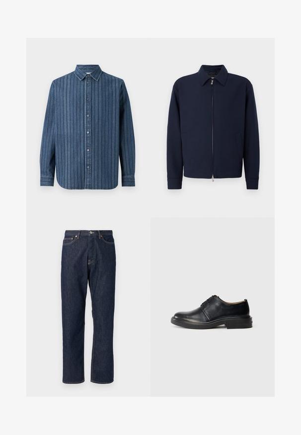 Veste zippée bleu marine avec col, manches longues, deux poches latérales et fermeture éclair argentée sur fond blanc uni.; Samsøe Samsøe SADAMON SHIRT - Chemise - denim; Jean en denim bleu foncé avec une coupe droite. Comprend une fermeture à bouton et à fermeture éclair, cinq poches et des détails de surpiqure contrastants.; Chaussure oxford en cuir noir avec un bout rond, un laçage à l'avant et un petit talon empilé, sur fond clair.