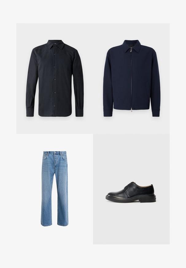 Dunkelblaue Zip-Jacke mit Kragen, langen Ärmeln, zwei Seitentaschen und silbernem Reißverschluss vor einem schlichten weißen Hintergrund.; Schwarzes Langarmhemd mit klassischem Kragen, vorderer Knopfleiste, aus glattem Stoff, mit geradem Schnitt und geknöpften Manschetten.; Helle blaue Jeans im Geradeschnitt-Design, mit fünf Taschen, Knopfverschluss, minimaler Ausbleichung und kontrastierenden Nähdetails.; Schwarze Leder-Oxfords mit runder Zehenpartie, Schnürung an der Vorderseite und niedrigem, gestapeltem Absatz vor einem schlichten, hellen Hintergrund.