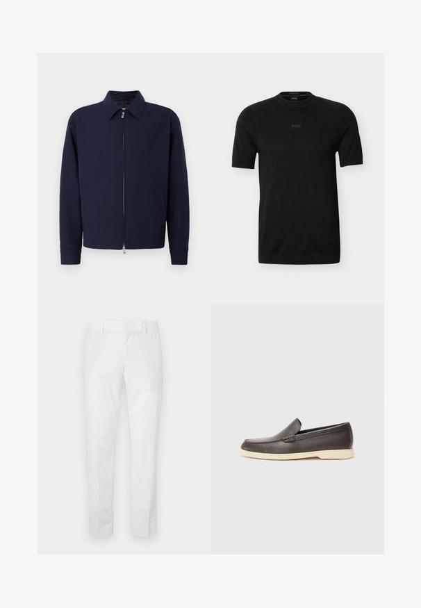 Dunkelblaue Zip-Jacke mit Kragen, langen Ärmeln, zwei Seitentaschen und silbernem Reißverschluss vor einem schlichten weißen Hintergrund.; Schwarzes T-Shirt mit kurzen Ärmeln und Rundhalsausschnitt, mit dezentem "BOSS"-Logo in der Mitte der Brust, aus feinem Strickstoff gefertigt.; Weiße Slim-Fit-Hose mit Gürtelschlaufen und Seitentaschen, flach auf hellem Hintergrund ausgelegt.; Braune Leder-Slippers mit strukturierter Oberfläche und einer kontrastierenden, hellbeigen Sohle. Sie verfügen über eine abgerundete Zehenpartie und minimale Nähdetails.