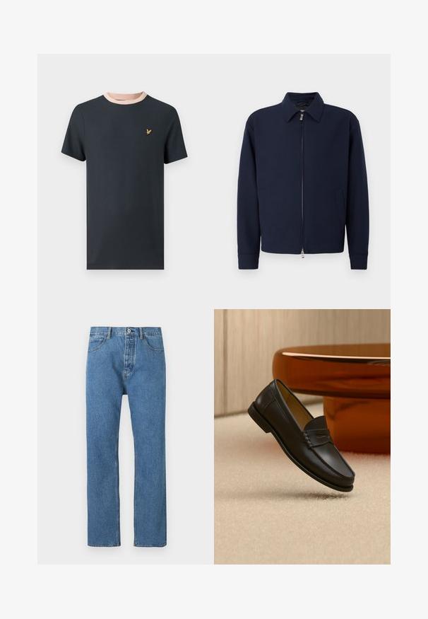 Mørkeblå zip-jakke med krave, lange ærmer, to sidelommer og sølvfarvet lynlås lukning på en ensfarvet hvid baggrund.; Mørkeblå T-shirt med korte ærmer, kontrasterende lyserød ribbet krave og et lille guldemblem på brystet. Blødt bomuldsstof.; Lyseblå denimjeans med lige snit, fem lommer, knaplukning og subtile syningsdetaljer langs sømmene.; Sort læder loafer-sko hængende over beige tæppe med ravfarvet moderne møblement i baggrunden.