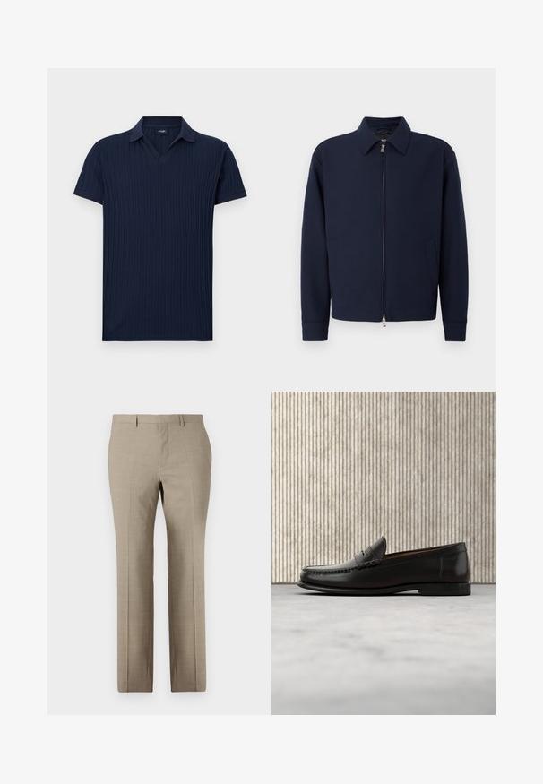 Veste zippée bleu marine avec col, manches longues, deux poches latérales et fermeture éclair argentée sur fond blanc uni.; Polo en côte marine avec col en V, manches courtes et texture lisse. Caractérisé par une couleur unie sans motifs ni détails en métal.; Pantalons beige sur mesure avec une texture lisse, design à jambe droite, motif à carreaux subtil et devant plat. Deux poches arrière incluses.; Mocassin penny en cuir noir avec talon bas, bout arrondi et détails cousus à l'avant et sur les côtés, présenté sur un fond neutre.