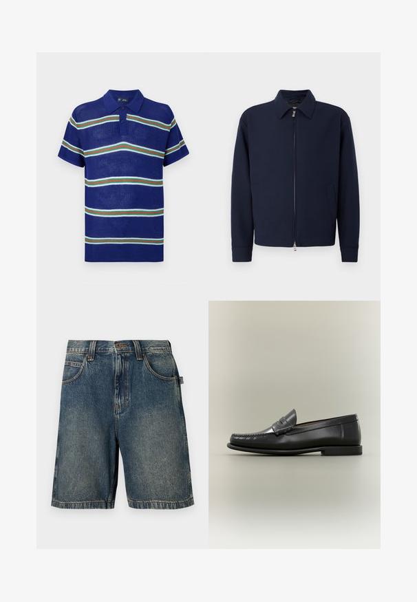 Dunkelblaue Zip-Jacke mit Kragen, langen Ärmeln, zwei Seitentaschen und silbernem Reißverschluss vor einem schlichten weißen Hintergrund.; Blaues gestricktes Poloshirt mit kurzen Ärmeln, das horizontale Streifen in Weiß, Grün und Rot sowie eine Knopfleiste mit drei Knöpfen aufweist.; Blaue Jeansshorts mit Vorderknopf, Reißverschluss, Gürtelschlaufen, zwei Fronttaschen und einer Seitenlasche vor einfarbigem Hintergrund.; Schwarzer Herren-Loafer aus Leder mit Mokassin-Zehennaht, Penny-Riemen und flachem Absatz vor neutralem Hintergrund.