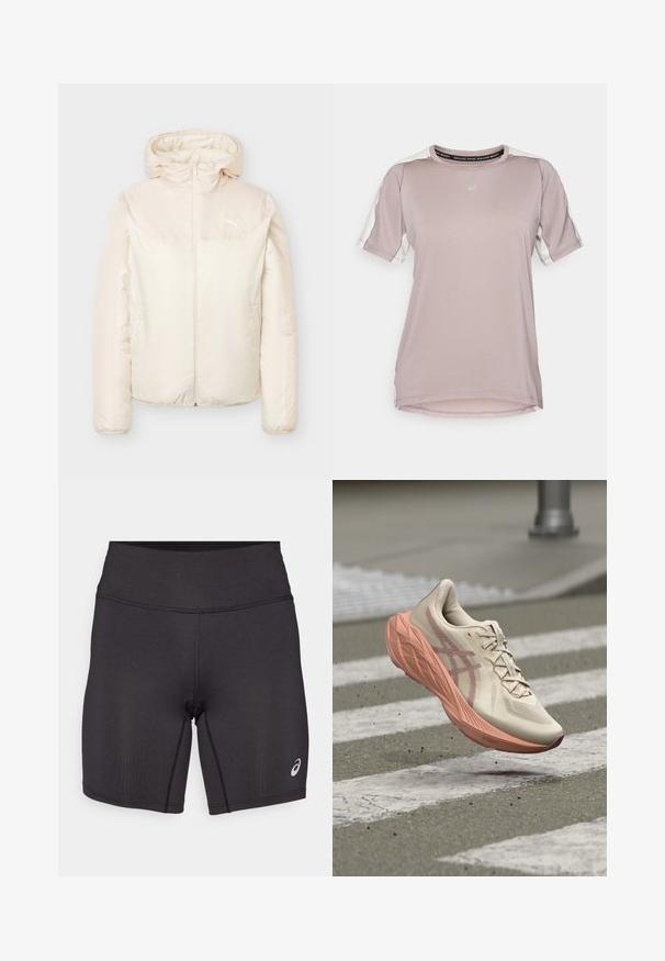 Veste matelassée beige avec capuche, fermeture éclair complète sur le devant, manches longues et petit logo Puma sur la poitrine.; ASICS FUJITRAIL ELITE TOP - T-shirt de sport - rainstorm grey/cream; Shorts de sport noirs avec une texture lisse, un design ajusté et une taille haute. Ils présentent des coutures contrastantes et un petit logo sur la jambe inférieure.; Chaussure de course avec tige beige et semelle rose rembourrée flottant au-dessus d'un passage pour piétons sur une route asphaltée.