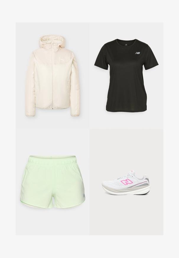 Beige gewatteerd jack met capuchon, volledige rits aan de voorkant, lange mouwen en klein Puma-logo op de borst.; Zwarte T-shirt met korte mouwen van gladde stof, met een ronde halslijn en een reflecterende witte logo op de linkerkant van de borst.; Lichtgroene sportshorts met een elastische tailleband en kleine perforaties voor ademend vermogen, met een klein reflecterend logo vlak bij de zoom.; Witte en grijze hardloopschoen met roze "N" logo op mesh bovenwerk en dikke dempende zool, zijaanzicht op witte achtergrond.