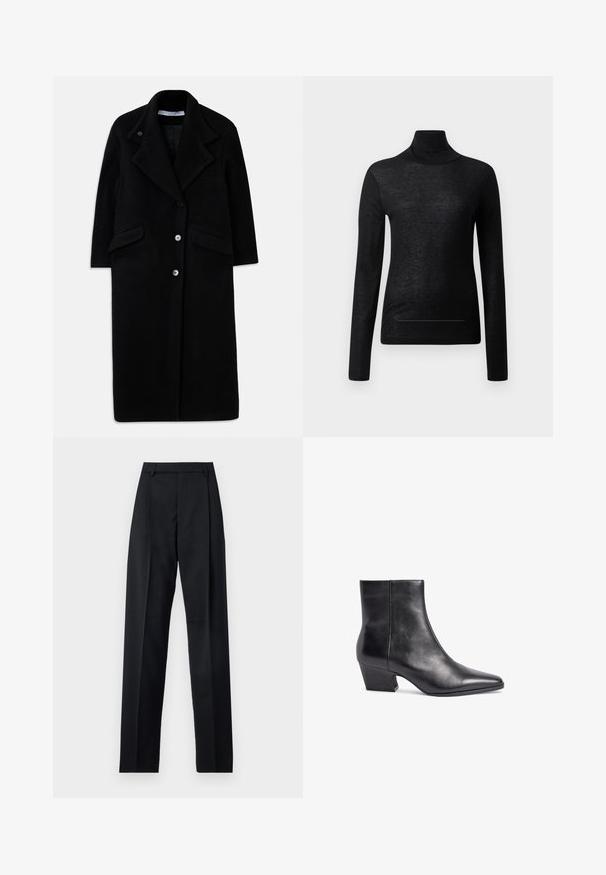 Lang sort uldfrakke med brede revers, tre forreste knapper, to klaplommer og lange ærmer.; Sort langærmet turtle neck top lavet af letvægtsstof, med en tætsiddende design og minimale sømdetaljer, velegnet til lagdeling.; Sorte bukser lavet af glat stof, der har høj talje, brede ben, frontfolder og klassiske bælteløkker. Ingen synlige sidelommer.; Sorte læder ankelstøvler med spids tå, mellemhøj blokhæl og glat tekstur. Har et minimalistisk design uden synligt hardware.