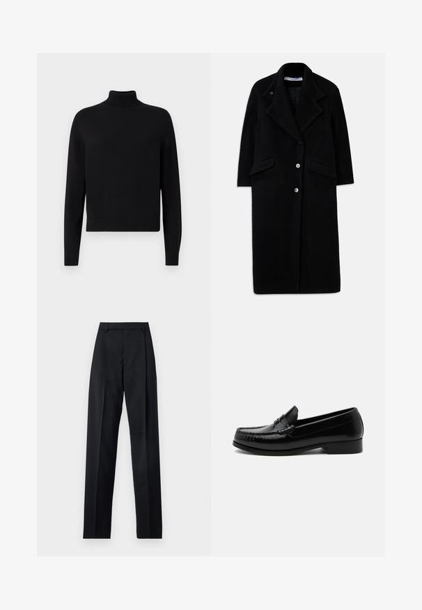 Long manteau noir en laine avec grands revers, trois boutons devant, deux poches à Rabat et manches longues.; Pull en col roulé noir avec des manches longues, des poignets côtelés et un ourlet ajusté. Texture douce, design simple et couleur unie sans motifs.; Pantalon noir en tissu lisse avec taille haute, jambes larges, plis à l'avant et passants de ceinture classiques. Pas de poches latérales visibles.; Mocassin penny en cuir noir avec talon bas, coutures moc toe et design classique à enfiler sur fond blanc.