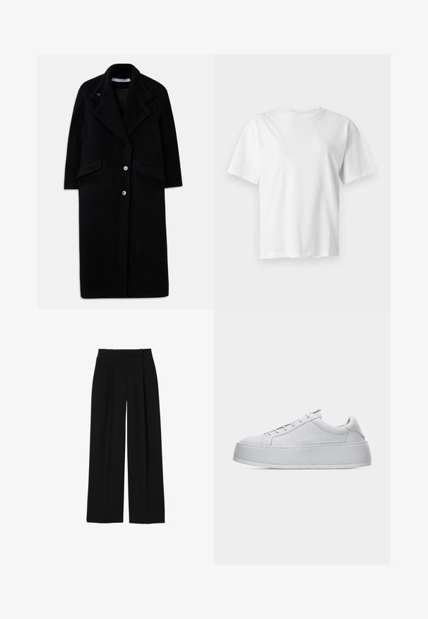 Abrigo largo de lana negra con solapas anchas, tres botones en el frente, dos bolsillos con solapa y mangas largas.; Camiseta blanca lisa de manga corta con cuello redondo, mostrada plana sobre un fondo gris claro.; Pantalones negros de talle alto y pierna ancha con trabillas para cinturón y pliegues delanteros, mostrados sobre un fondo blanco.; Zapatilla blanca de corte bajo con suela gruesa de plataforma, diseño con cordones y acabado en cuero liso, mostrada sobre un fondo claro y liso.