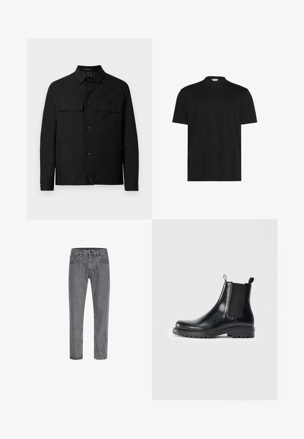 Schwarze Jacke aus glattem Stoff mit kragenförmigem Halsausschnitt, zwei Brusttaschen und Knopfverschluss auf der Vorderseite.; Schwarzes T-Shirt mit kurzem, hohem Kragen. Aus weichem Stoff gefertigt, verfügt es über kurze Ärmel und eine lässige Passform ohne auffällige Muster oder Akzente.; Graue Denim-Jeans mit geradem Schnitt, Fünf-Taschen-Design, klassischem Knopf- und Reißverschluss, sowie subtiler Ausbleichung der Stoffstruktur.; Schwarze Leder-Chelsea-Stiefel mit elastischen Seitenpaneelen, einer Schlaufe für einfaches Anziehen und einer robusten Gummisohle mit strukturiertem Grip.