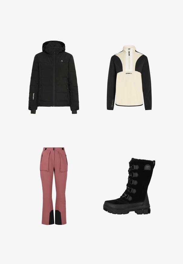 Schwarze gepolsterte Jacke mit Kapuze, ausgestattet mit einem Reißverschluss vorne, Seitentaschen und elastischen Bündchen. Der Stoff hat eine glatte Textur und ist mit "W.P. 10000" gekennzeichnet.; Viertelreißverschluss-Pullover in Creme und Schwarz, weicher Stoff, mit schwarzen Ärmeln und Schultern, weißem Reißverschluss und O'Neill-Logo auf der Vorderseite.; Wasserabweisende, rosa Skihose mit geradem Schnitt, gefaltetem Vorderteil, zwei seitlichen Taschen und schwarzen Akzenten an den Knöcheln.; Schwarze wasserdichte Winterstiefel mit einem oberen Teil aus Wildleder, Fellkragen und Gummisohle. Sie verfügen über eine Schnürsenkeldesign mit sechseckigen Ösen und einem Logo-Patch.