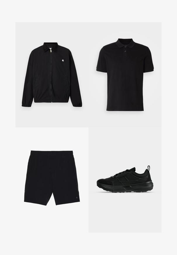 Schwarze Jacke mit Reißverschluss, elastischen Bündchen, zwei Vordertaschen, einem dunklen Kragen und einem kleinen weißen Logo auf der linken Brust.; Schwarzes Poloshirt aus Baumwolle mit klassischem Kragen, zweiknöpfiger Knopfleiste, kurzen Ärmeln und einem gestickten Logo auf der Brust.; Schwarze Shorts aus leichtem Material mit einem elastischen Bund, zwei seitlichen Taschen und einem kleinen Logo auf der unteren rechten Seite.; Schwarzer sportlicher Sneaker mit Mesh- und synthetischem Obermaterial, Schnürverschluss, gepolstertem Kragen und dicker Gummisohle, seitlich dargestellt.