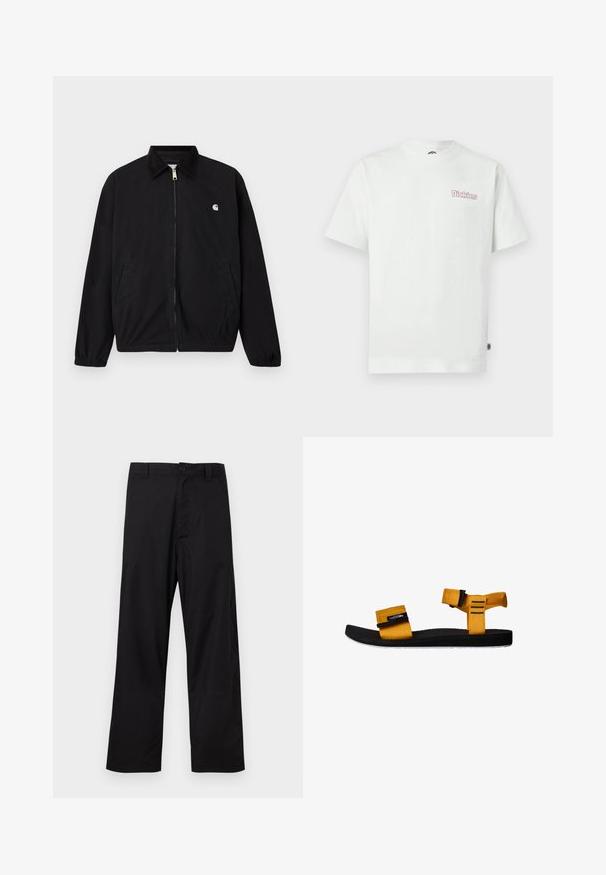 Schwarze Jacke mit Reißverschluss, elastischen Bündchen, zwei Vordertaschen, einem dunklen Kragen und einem kleinen weißen Logo auf der linken Brust.; Weißes Baumwoll-T-Shirt mit kurzen Ärmeln, Rundhalsausschnitt und einem pinkfarbenen "Dickies"-Logo auf der linken Brust. Glatte Textur.; Schwarze gerade geschnittene Hosen mit Knopf- und Reißverschluss, Gürtelschlaufen, flach auf hellem Hintergrund präsentiert.; Gelbe Stoffsandale mit zwei verstellbaren Riemen, schwarzer Gummisohle, strukturiertem Fußbett und weißem Außensohlen-Detail. Seitenansicht.