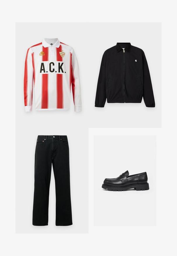 Veste noire zippée avec poignets élastiques, deux poches avant, un col sombre et un petit logo blanc sur la poitrine gauche.; Polo à manches longues, blanc avec des rayures verticales rouges, avec le lettrage noir "A.C.K." et le logo doré "Kappa" sur la poitrine gauche.; Jeans en denim noir avec une coupe droite, un design à cinq poches, des clous en métal et une fermeture à bouton. Le tissu a une texture douce avec un délavage minimal.; Mocassin en cuir noir avec semelle épaisse crantée et détail de bride penny, présenté en profil droit sur fond blanc.