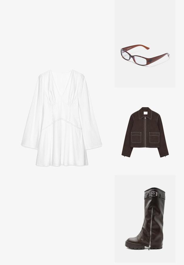 Veste cropped en daim marron avec une fermeture éclair en métal, deux poches avant, des accents de coutures blanches, un col cranté et des détails zippés sur les manches.; Blouse blanche à manches longues avec un col en V, détails froncés aux épaules, accents en dentelle et coupe décontractée, fabriquée en tissu léger.; Botte haute en cuir marron foncé avec semelle épaisse, fermeture éclair latérale et bride à la cheville avec boucle argentée, présentée sur fond blanc.; Lunettes rectangulaires teintées de brun avec une finition brillante, dotées de branches fines et de verres transparents. Logo visible sur la branche gauche.