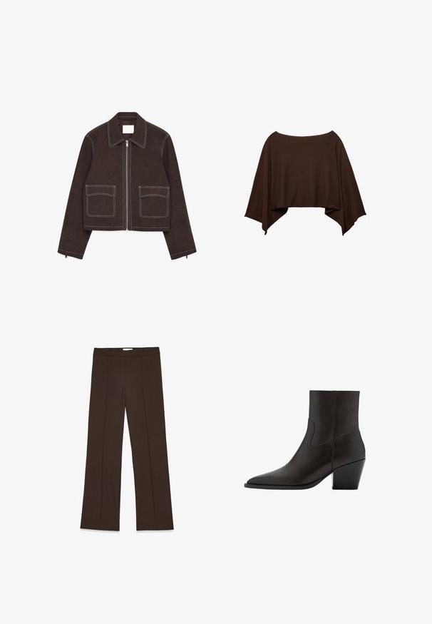 Chaqueta corta de ante marrón con cremallera de metal, dos bolsillos frontales, detalles de costura blanca, cuello con muescas y detalles con cremallera en las mangas.; Poncho marrón estilo capa con lados anchos y fluidos y un escote recto, mostrado sobre un fondo blanco.; Pantalones marrones de pierna ancha confeccionados en una tela suave; presentan pliegues frontales y una cinturilla estándar. Diseño minimalista sin cierre visible.; Bota de tobillo de cuero negro con punta puntiaguda y tacón bajo de bloque, vista lateral sobre fondo blanco.