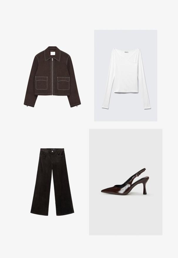 Veste cropped en daim marron avec une fermeture éclair en métal, deux poches avant, des accents de coutures blanches, un col cranté et des détails zippés sur les manches.; Haut blanc à manches longues avec un design croisé et une poche. Fabriqué dans un tissu lisse et extensible. Coupé dans une coupe décontractée et ample.; Pantalons en velours côtelé noirs à jambes larges avec une taille haute, poches avant, et un tissu texturé, dotés d'une fermeture à bouton et de passants de ceinture.; Talons slingback en cuir verni brun avec un bout pointu, un talon fin, et une sangle réglable avec une petite boucle.