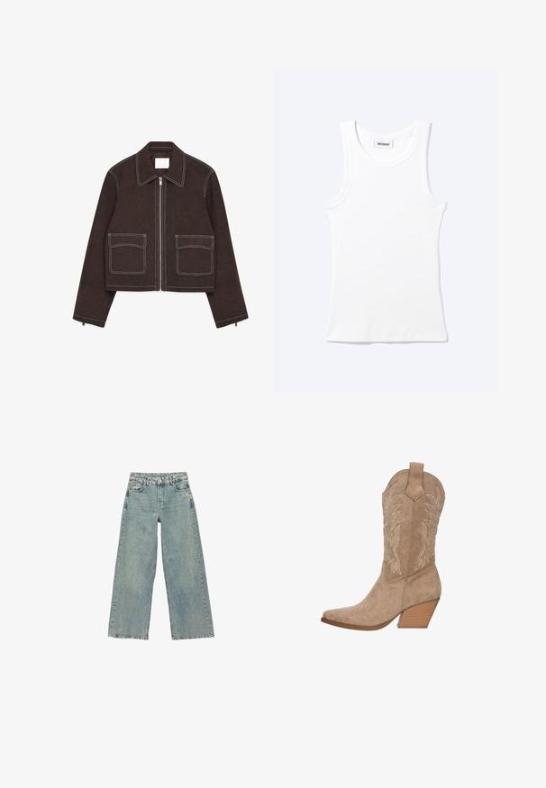 Braune Wildleder-Cropped-Jacke mit einem Metallreißverschluss, zwei Fronttaschen, weißen Steppnähten, Reverskragen und Reißverschlussdetails an den Ärmeln.; Weißes ärmelloses geripptes Tanktop mit rundem Ausschnitt und einem kleinen Etikett mit der Aufschrift "WEEKDAY" innen im Kragen.; Hellblaue, weite Denim-Jeans mit hoher Taille, Vordertaschen und ausgewaschenem Look. Verfügt über einen sauberen Saum und subtile Nähdetails.; Beige Wildleder Cowboy-Stiefel mit spitzem Zeh, gestickten Details und einem gestapelten Absatz. Verfügt über eine Ziehhilfe für einfaches An- und Ausziehen.