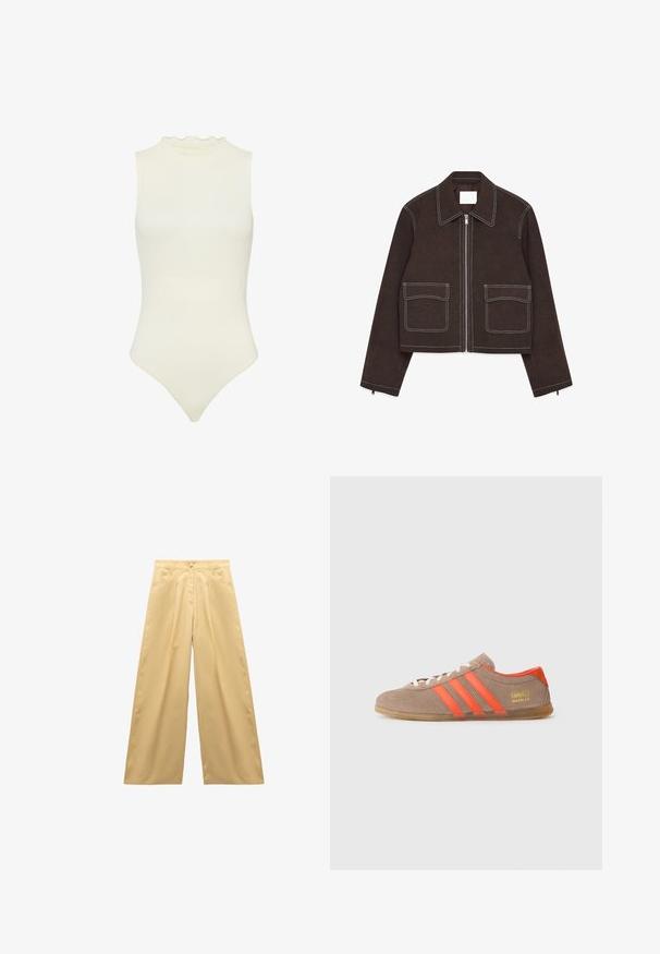Chaqueta corta de ante marrón con cremallera de metal, dos bolsillos frontales, detalles de costura blanca, cuello con muescas y detalles con cremallera en las mangas.; Body sin mangas blanco con un escote alto, con un borde con volantes, hecho de material elástico de canalé, con una silueta ajustada.; Pantalones de pierna ancha en tela amarilla claro, con una cintura alta, cierre frontal de botones, dos bolsillos laterales y una textura suave.; Zapatillas de ante marrón con tres rayas naranjas brillantes, parte frontal con cordones y el logo dorado "Gazelle" en el lateral. Suela de goma plana.
