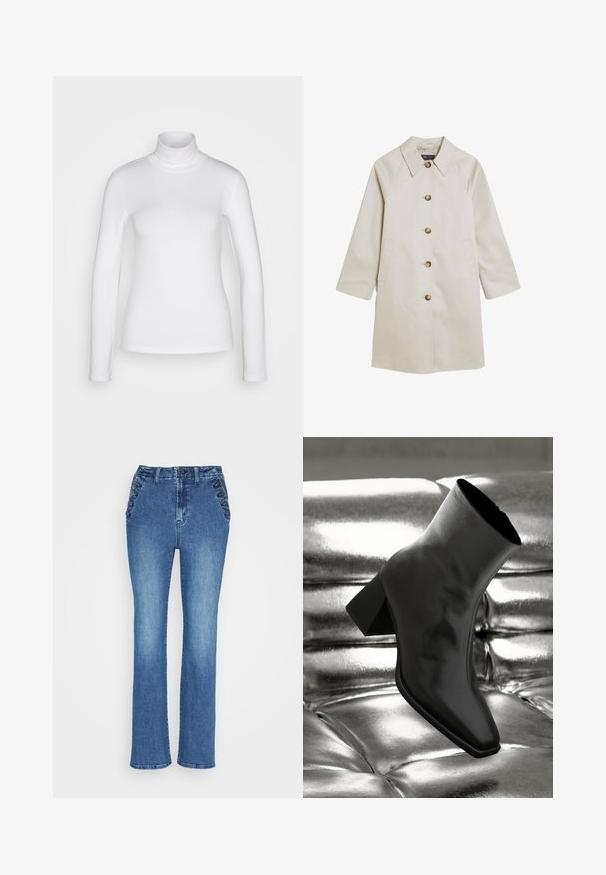 Lichtbeige jas van glad materiaal, met een notch-kraag, knoopsluiting, zijzakken en raglanmouwen.; Witte langemouwen turtle neck shirt van een soepel, rekbaar stof. Heeft een strakke pasvorm en een hoge kraag. Geen zichtbare patronen of accenten.; Hoge blauwe denim jeans met rechte pijpen, voorzien van gestructureerde zwarte zijpanelen en een klassieke knoopsluiting. Glad materiaal met lichte slijtage.; Zwarte enkellaarsjes van glanzend materiaal met een vierkante neus en taps toelopende hak, afgezet tegen een glanzende zilveren gecapitonneerde achtergrond.