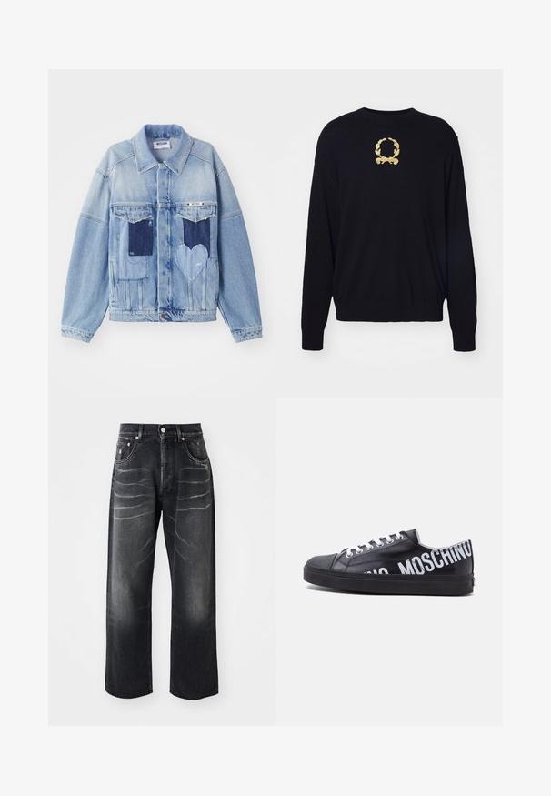 Hellblaue Jeansjacke mit dunkelblauen Patches, darunter ein herzförmiger Patch auf der Vorderseite und Knopfverschluss, flach ausgelegt.; Schwarzer Pullover aus weichem Stoff mit goldgesticktem Lorbeerkranzdesign auf der Brust sowie gerippten Bündchen und Saum.; Schwarze gerade Jeans mit verblassten Falten an den Oberschenkeln, Vorderknopf, Reißverschluss und Fünf-Taschen-Design.; Schwarzer Sneaker mit niedrigem Schnitt, weißen Schnürsenkeln und fett gedrucktem weißen "MOSCHINO"-Text, der um die Ferse und die Seite verläuft.