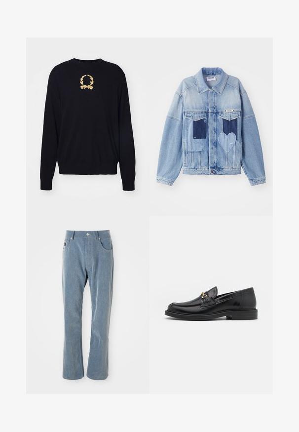 Lichtblauwe denimjacket met donkerblauwe patches, waaronder een hartvormige patch aan de voorkant, met knoopsluiting, plat neergelegd.; Zwarte trui van zacht materiaal, met een gouden geborduurd lauriertakontwerp op de borst en geribde manchetten en zoom.; Lichtblauwe corduroy broek met knoop- en ritssluiting, voorzakken en rechte pijpen op witte achtergrond.; Zwarte leren instappers met een ronde neus, voorzien van een gouden hardware accent en stikdetails, geplaatst op een lage, getextureerde rubberen zool.