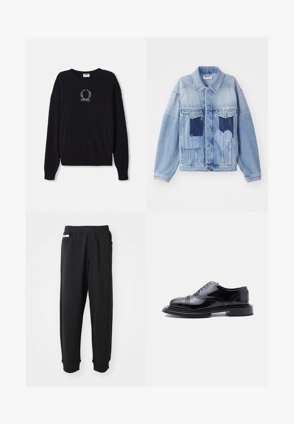 Lichtblauwe denimjacket met donkerblauwe patches, waaronder een hartvormige patch aan de voorkant, met knoopsluiting, plat neergelegd.; Zwarte trui met ronde hals, lange mouwen en ribgebreide manchetten. Heeft een wit geborduurd krans- en strikdesign op de voorkant.; Zwarte sweatpants van zachte stof, met een elastische tailleband, zijzakken en geribbelde boorden bij de enkels. Minimalistisch ontwerp.; Zwarte gepolijste leren brogue nette schoen met vleugelpunten en gestapelde hak, zijaanzicht op een witte achtergrond.