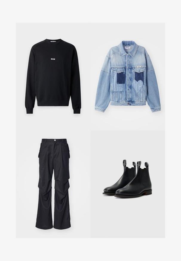 Veste en denim bleu clair avec des patches bleu foncé, incluant un patch en forme de cœur à l'avant, et fermeture par boutons, posée à plat.; Sweatshirt noir en coton mélangé, avec un col rond, des manches longues, des poignets côtelés et un logo MSGM blanc sur la poitrine.; Pantalons noirs à rayures avec une coupe large, dotés de plis, de poches latérales et d'une fermeture à bouton à l'avant. Texture lisse.; Bottes Chelsea en cuir noir avec panneaux latéraux élastiques, coutures contrastées et languettes portant le logo de la marque. Semelles en caoutchouc plates.