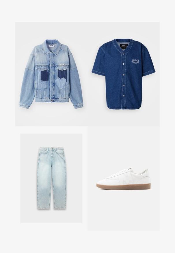 Lichtblauwe denimjacket met donkerblauwe patches, waaronder een hartvormige patch aan de voorkant, met knoopsluiting, plat neergelegd.; Korte mouw, button-up shirt gemaakt van donkerblauwe denim met een klassieke kraag en een wit geborduurd logo op de linkerkant van de borst.; Lichtblauwe denim jeans met een losse pasvorm, rechte pijpen, vervaagd textuur, vijf-pocket ontwerp en metalen knoopsluiting bij de taille.; Witte lage sneaker met een zool van geschuurd rubber, gestikte overlays en een vetersluiting op een neutrale achtergrond.