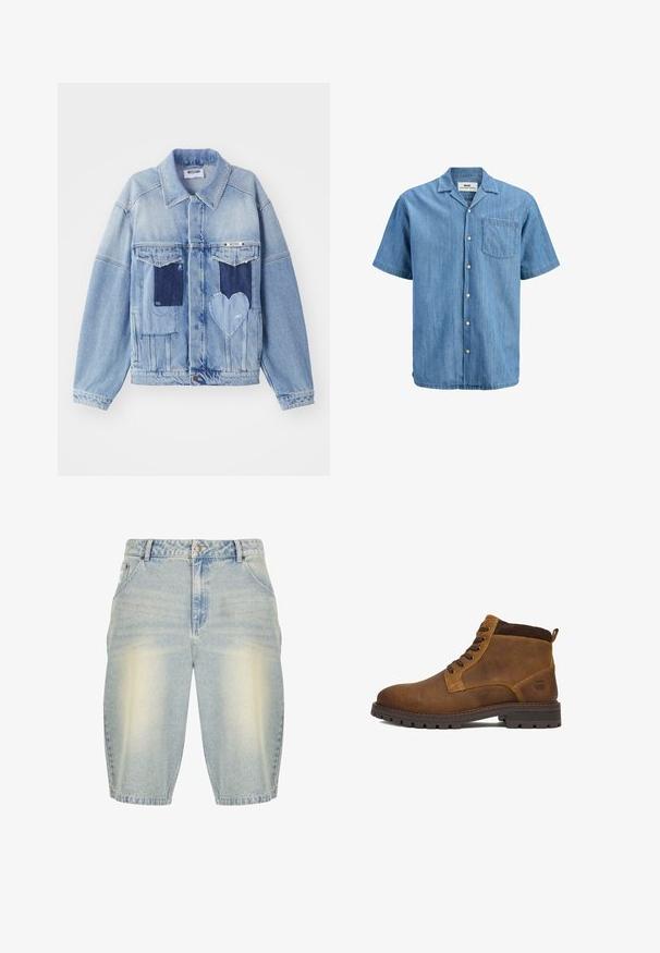 Hele sinine denim jakk tumedate laigudega, sealhulgas südamestyle laigudega ees, ning nööpide sulgemisega, laotatud tasasele pinnale.; Lühikeste varrukatega hele sinine teksariidest nööbiga särk rinnatasku ja kraega, millel kiri "R.D.D. Royal Denim Division".; Heledad sinine denim lühikesed püksid pleekinud pesuga, klassikalise viie taskuga disain, vööaasad ja sirge lõige.; Pruunid nahast pahkluu saapad, millel on sile pind, paelad, vastupidav tald ja tekstuuriga pruuni kangaga krae. Küljes on logo.