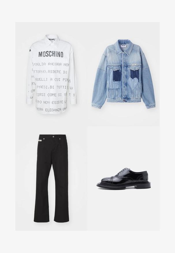 Lys blå denimjakke med mørkeblå lapper, herunder en hjerteformet lap på forsiden, og knaplukning, liggende fladt.; Hvid skjorte med lange ærmer og spidse krave, der har sort tekst og grafiske designs trykt på for- og bagside. Knappelukning.; Svarte bomuldsbukser med lige ben-design, der har en frontknaplukning, to sidelommer og et lille mærke på linningen.; Sort poleret læder broguesko med vingetip-perforering og stablet hæl, vist i sideprofil mod en hvid baggrund.