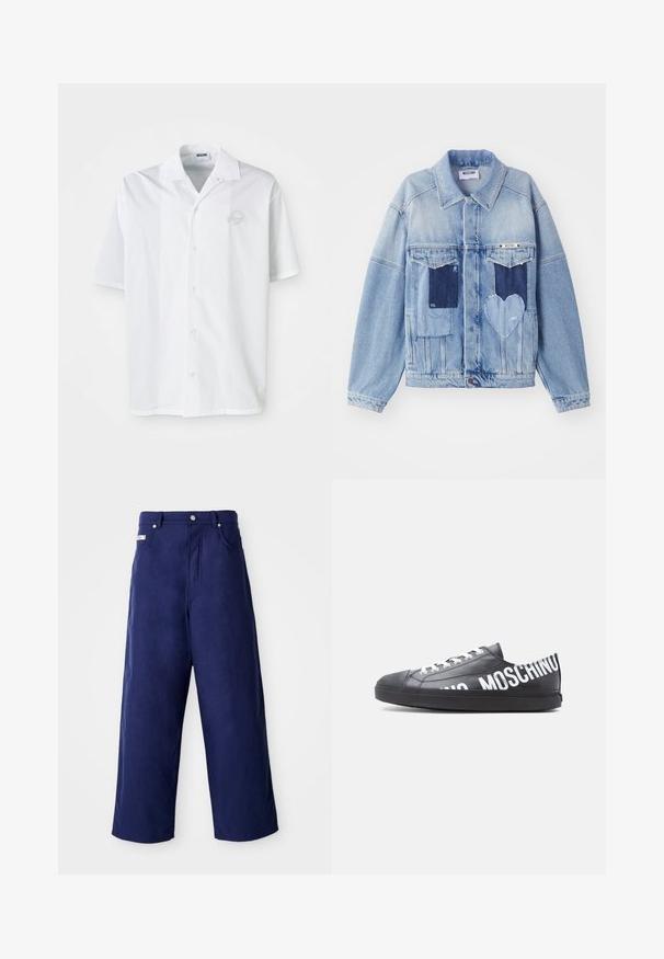 Lichtblauwe denimjacket met donkerblauwe patches, waaronder een hartvormige patch aan de voorkant, met knoopsluiting, plat neergelegd.; Wit kortärmelig overhemd van katoen met een knoopsluiting aan de voorkant. Heeft een subtiel geborduurd logo op de borst. Klassiek kraagontwerp.; Wijde broek in marineblauw, gemaakt van zachte stof. Heeft een knoopsluiting en vo pockets aan de voorkant, met een nette afwerking en geen zichtbare patronen.; Zwarte lage sneaker met witte veters en "MOSCHINO" in grote witte letters langs de zijkant en hiel gedrukt.