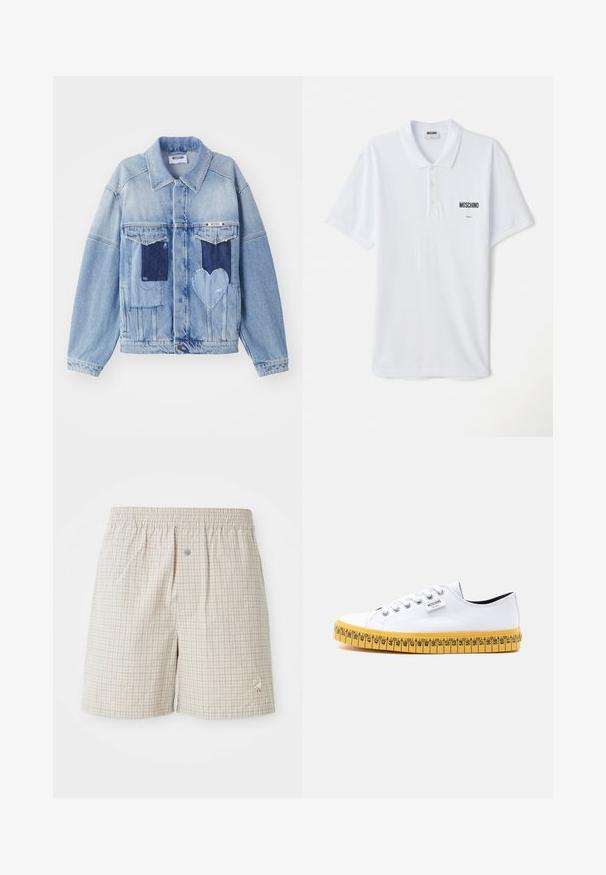 Veste en denim bleu clair avec des patches bleu foncé, incluant un patch en forme de cœur à l'avant, et fermeture par boutons, posée à plat.; Polo blanc en coton, avec un col à trois boutons, des manches courtes et un petit logo noir "Moschino" sur la poitrine.; Shorts à carreaux beige clair avec une texture douce, ceinture élastique et broderie décorative d'oie blanche près de l'ourlet.; Baskets basses en toile blanche avec lacets blancs et semelle jaune, conçues pour ressembler à un ruban à mesurer avec des repères de taille.