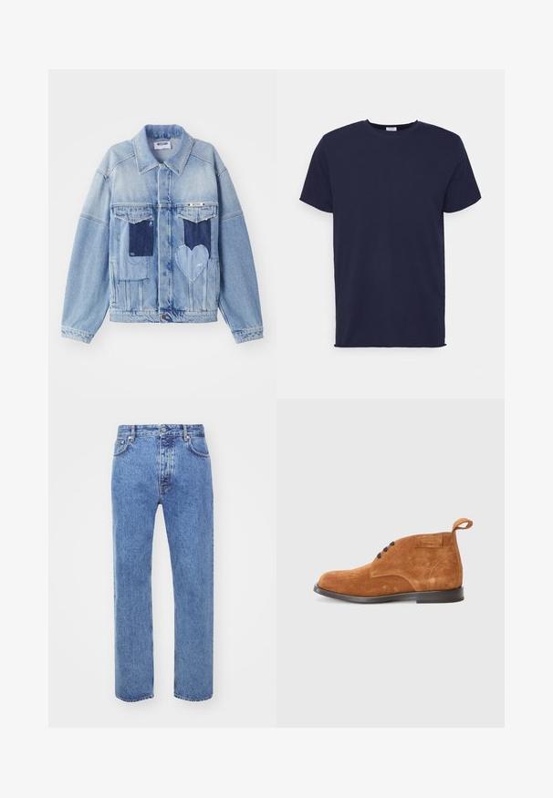 Lichtblauwe denimjacket met donkerblauwe patches, waaronder een hartvormige patch aan de voorkant, met knoopsluiting, plat neergelegd.; Navyblauwe T-shirt met korte mouwen van zachte stof. Heeft een ronde hals en een rechte snit zonder patronen of accenten.; Won Hundred STEVE - Relaxed fit jeans - cut blue; Bruine suède enkellaarzen met een ronde neus, voorzien van zwarte veters, een aantrekhaak en een lage zwarte zool. Glad oppervlak, minimalistisch design.