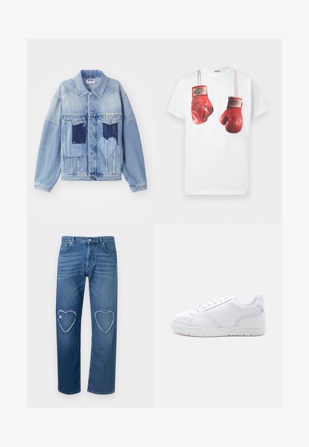 Lichtblauwe denimjacket met donkerblauwe patches, waaronder een hartvormige patch aan de voorkant, met knoopsluiting, plat neergelegd.; Witte katoenen t-shirt met een grafische print van rode bokshandschoenen, geaccentueerd met beige banden en de merknaam "Moschino" op de handschoenen.; Blauwe spijkerbroek met hoge taille, rechte pijpen en versleten hartvormige uitsparingen op beide knieën.; Witte lage sneaker met veterontwerp, glad synthetisch bovenwerk en een patroon op de rubberen zool, afgebeeld tegen een effen lichte achtergrond.