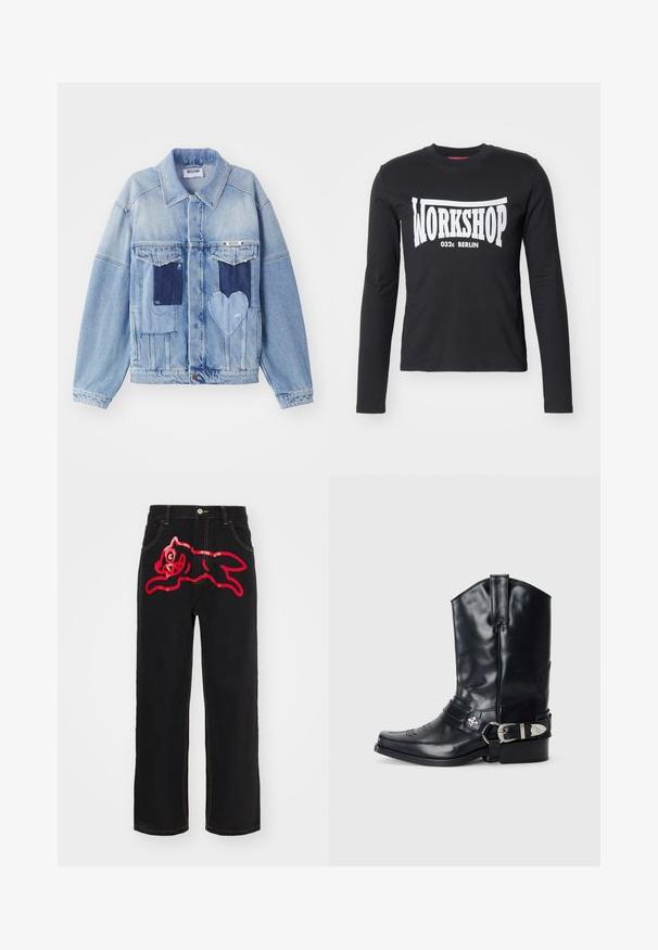 Lichtblauwe denimjacket met donkerblauwe patches, waaronder een hartvormige patch aan de voorkant, met knoopsluiting, plat neergelegd.; Zwarte langwerpige T-shirt gemaakt van katoen, met een grote witte "WORKSHOP 032c BERLIJN" afbeelding op de voorkant. Gladde textuur, ronde hals.; Zwarte denim spijkerbroek met een grote rode afbeelding van een springende kat op de achterzak, met contrasterende gele stiksels langs de naden.; Zwarte leren cowboylaars met een spitse neus, hoge schacht, decoratieve stiksels en zilveren gespsluiting op de band. Gestructureerde afwerking.